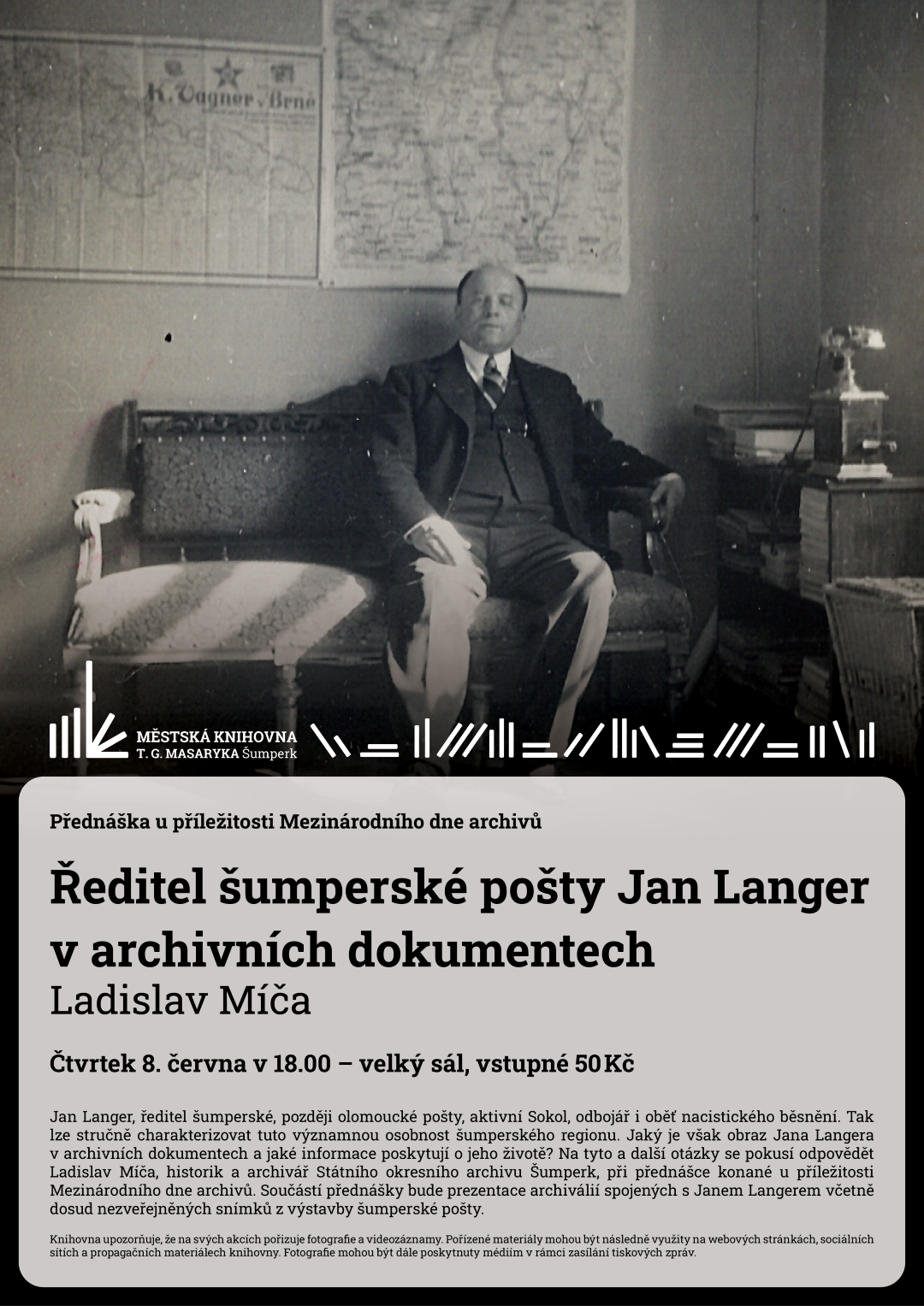 Plakát pro přednášku Ředitel šumperské pošty Jan Langer (Large (Vertical))