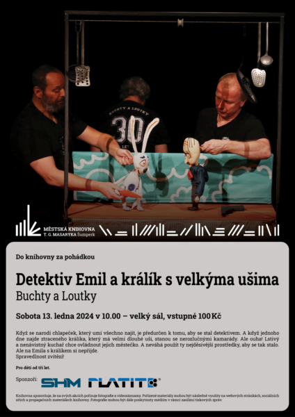Plakát pro představení pro děti Detektiv Emil a králík s velkýma ušima