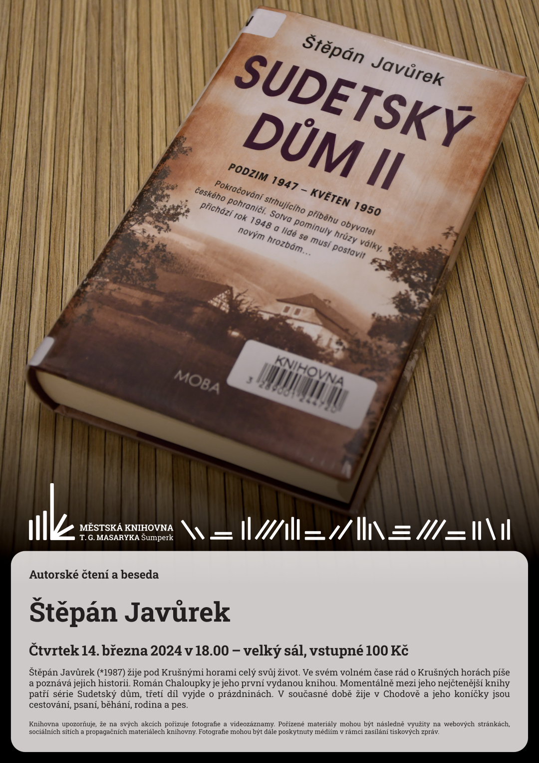 Plakát pro autorské čtení s besedou Štěpána Javůrka