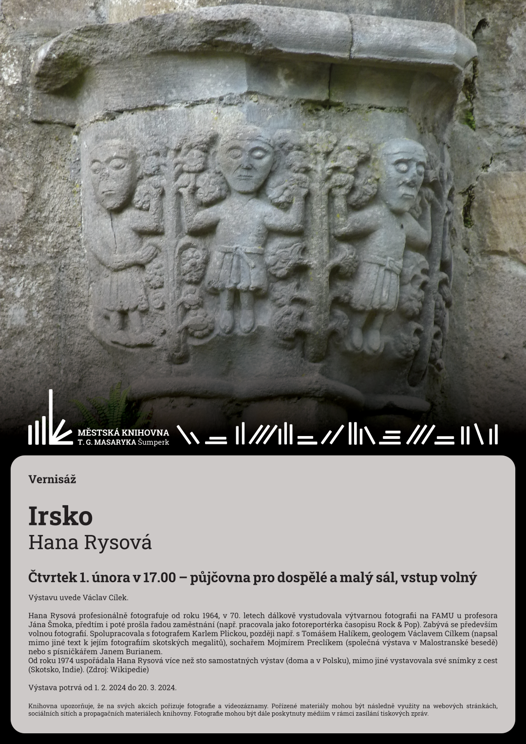 Plakát pro vernisáž výstavy Hany Rysové složené z fotografií Irska